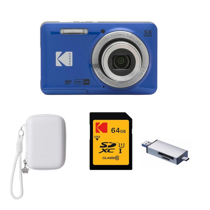 KODAK PIXPRO FZ55 Digital Camera, Blue, Ivory Strap Carry Case, 64GB SD Card, Silver Card Reader Bundle - image 1