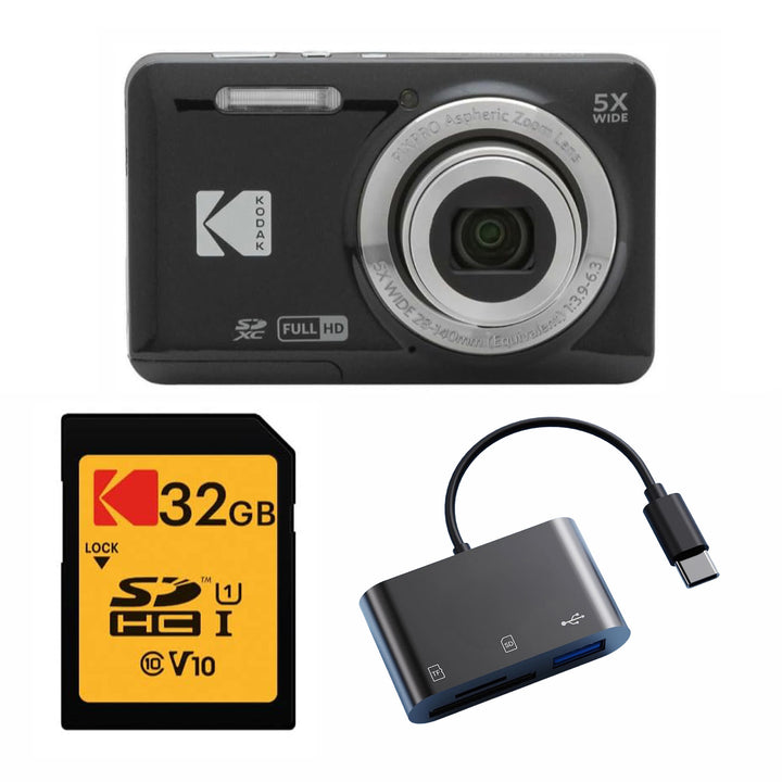 KODAK PIXPRO FZ55 Digital Camera, Black, 32GB SD Card, Black Card Reader Bundle