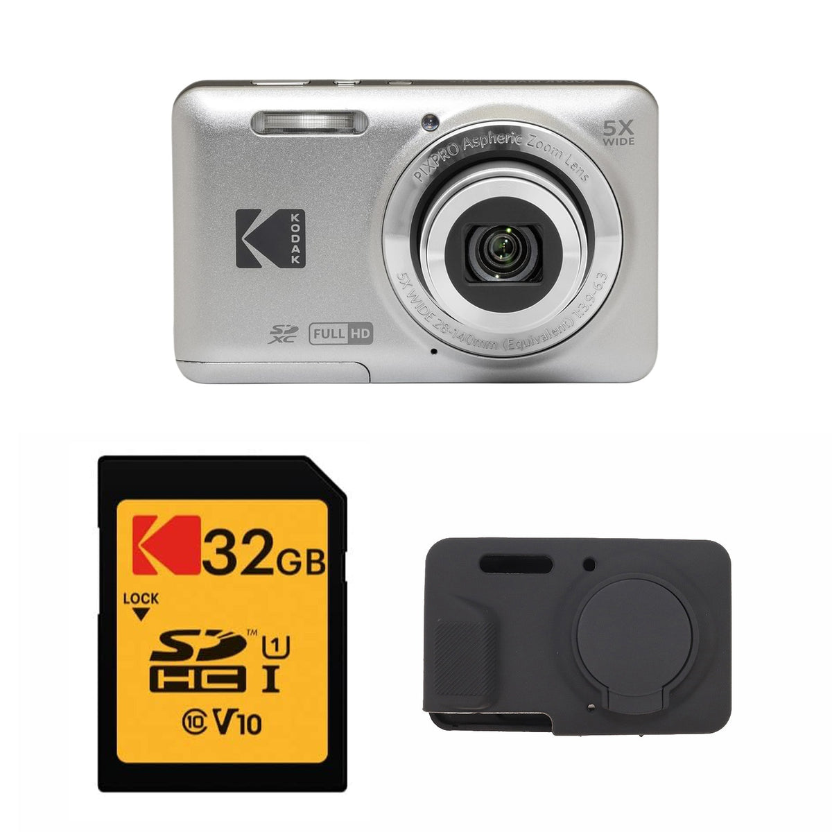 KODAK PIXPRO FZ55 Digital Camera, Silver, 32GB SD Card, Black Silicone Case Bundle — image 1