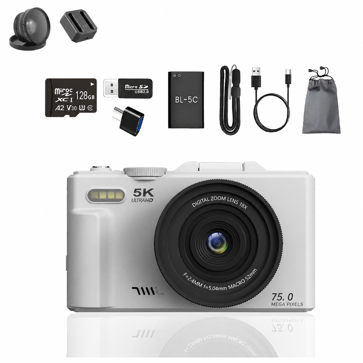 FLATIC Compact Digital Camera, White, 128GB SD Card - image 1