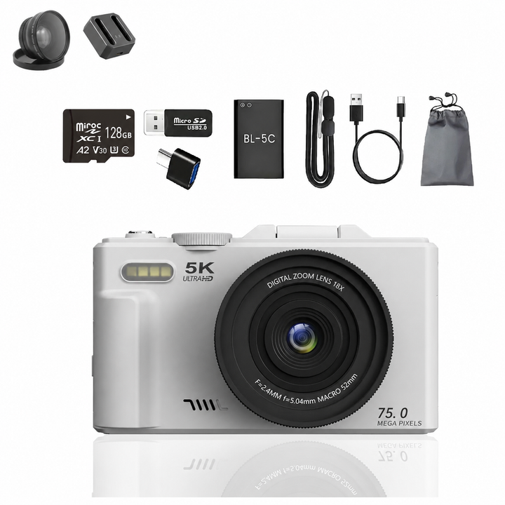 FLATIC Compact Digital Camera, White, 128GB SD Card - image 1