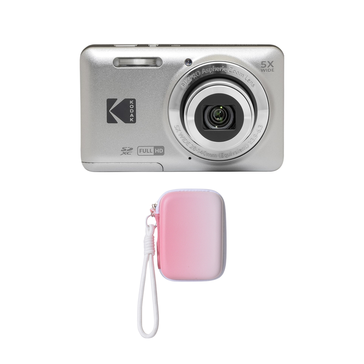 KODAK PIXPRO FZ55 Digital Camera, Silver, Gradient Pink Strap Carry Case Bundle - image 1