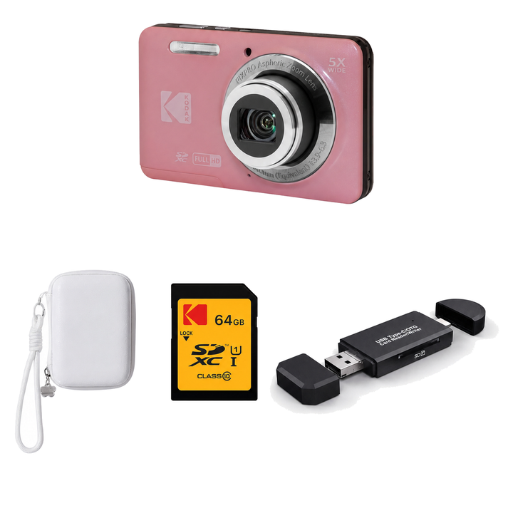 KODAK PIXPRO FZ55 Digital Camera, Pink, Ivory Strap Carry Case, 64GB SD Card, 3-in-1 Card Reader Bundle - image 1