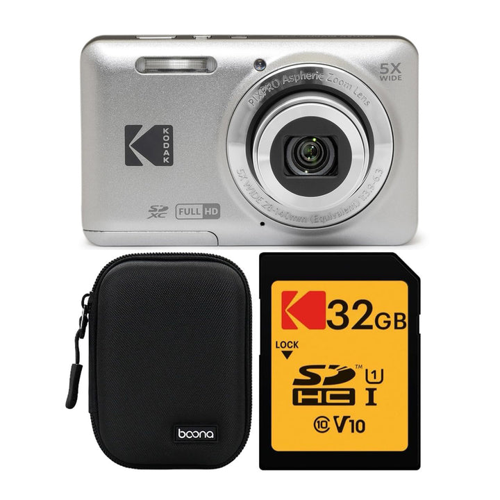 KODAK PIXPRO FZ55 Digital Camera, Silver, Black Carry Case, 32GB SD Card Bundle