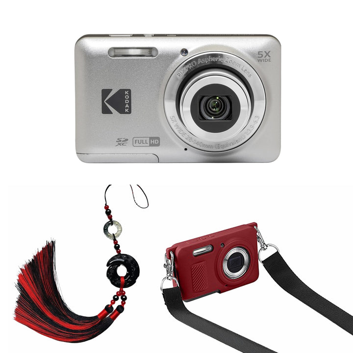 KODAK PIXPRO FZ55 Digital Camera, Silver, Red Strap Silicone Case, Tassel Charm Bundle