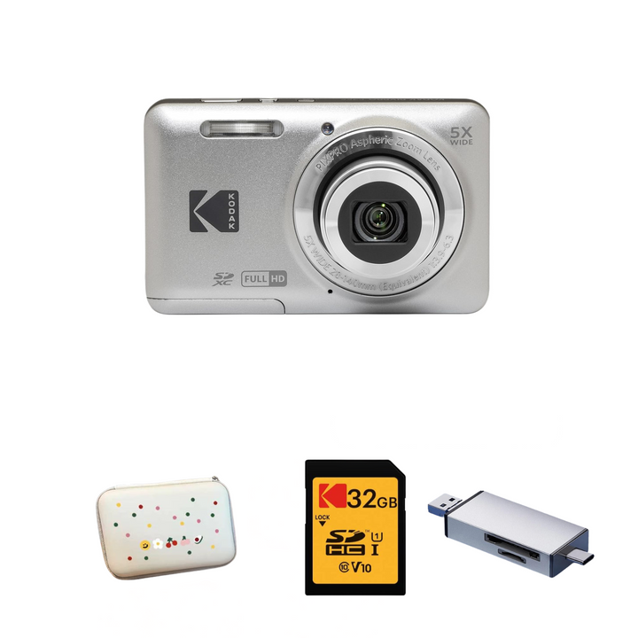KODAK PIXPRO FZ55 Digital Camera, Silver, Speckled White Carry Case, 32GB SD Card, Silver Card Reader Bundle