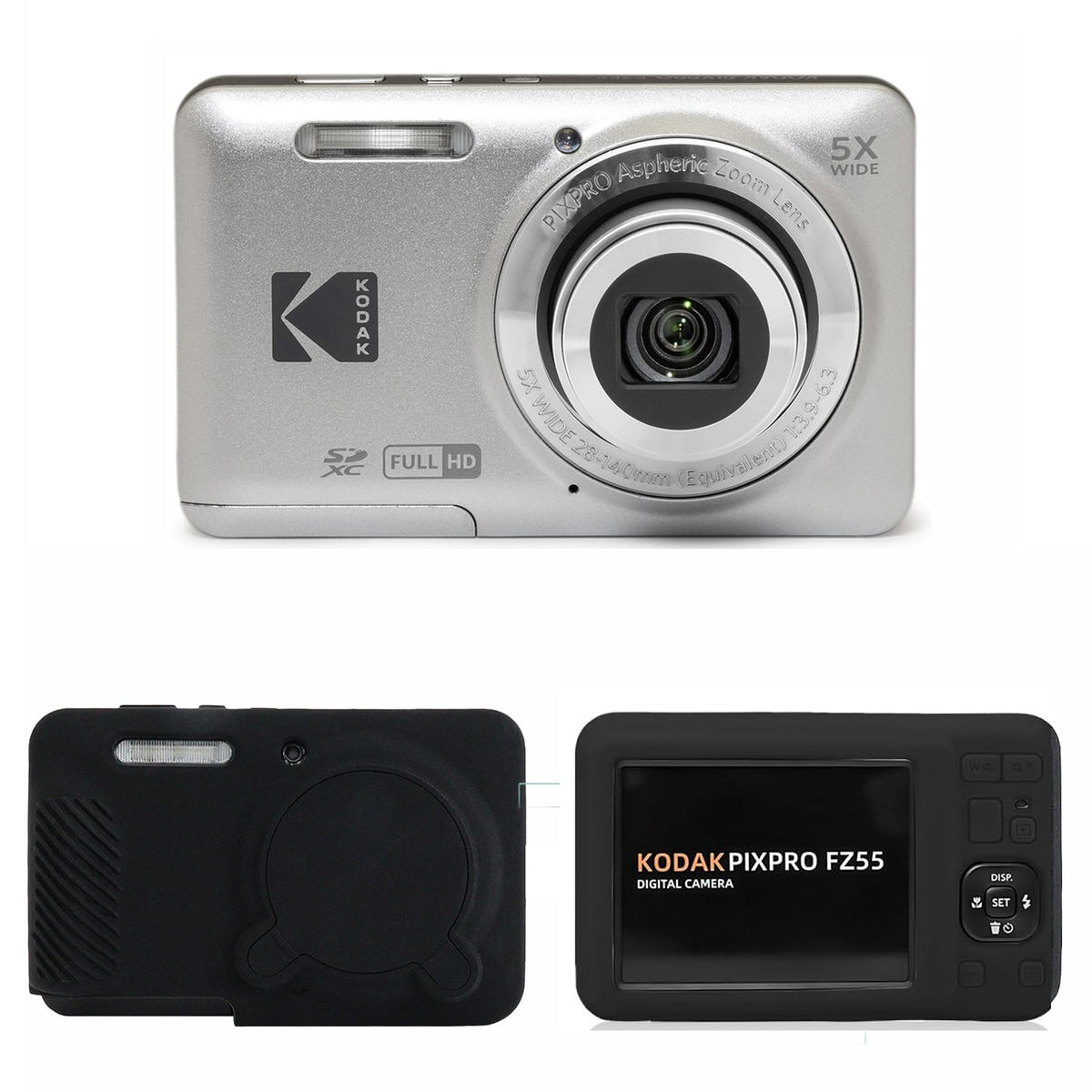 KODAK PIXPRO FZ55 Digital Camera, Silver, Black Cat Silicone Case Bundle — image 1