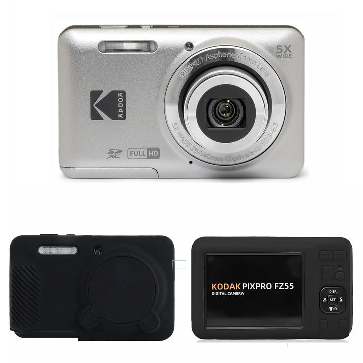 KODAK PIXPRO FZ55 Digital Camera, Silver, Black Cat Silicone Case Bundle