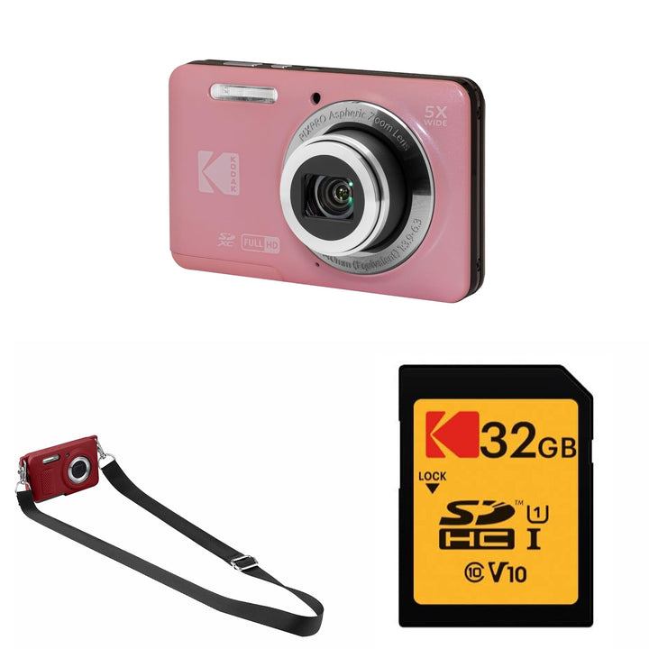 KODAK PIXPRO FZ55 Digital Camera, Pink, 32GB SD Card, Red Strap Silicone Case Bundle