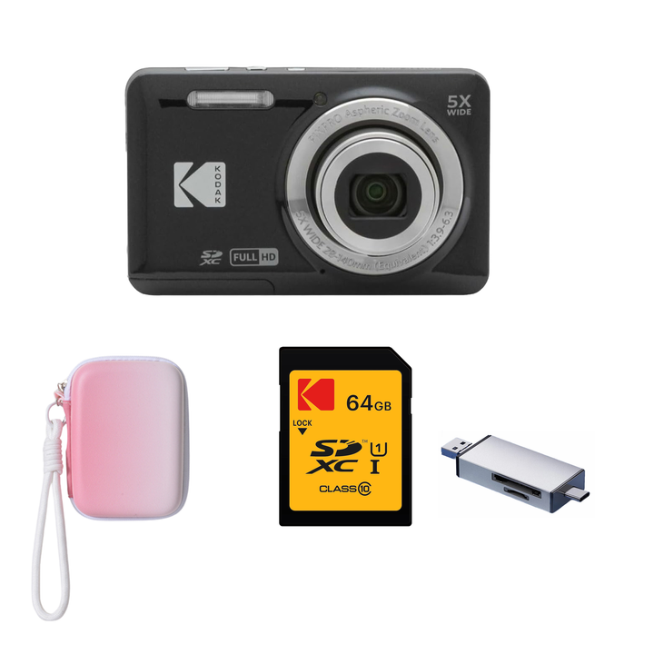 KODAK PIXPRO FZ55 Digital Camera, Black, Gradient Pink Strap Carry Case, 64GB SD Card, Silver Card Reader Bundle - image 1