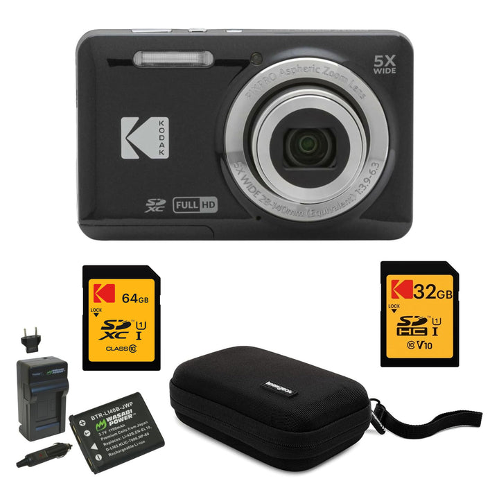 KODAK PIXPRO FZ55 Digital Camera, Black, Black Carry Case, 64GB SD Card, 32GB SD Card, Charging Cradle, Extra Battery Bundle
