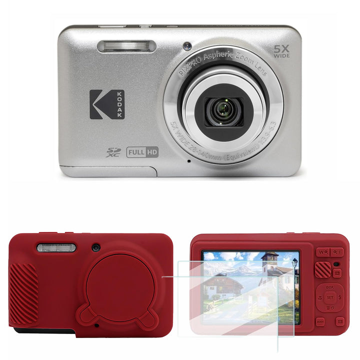 KODAK PIXPRO FZ55 Digital Camera, Silver, Red Cat Silicone Case Bundle