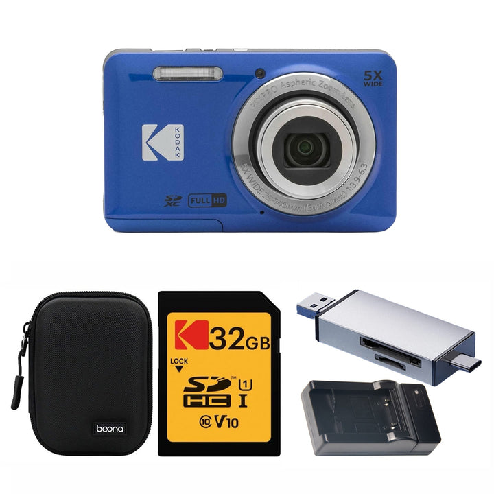 KODAK PIXPRO FZ55 Digital Camera, Blue, Black Carry Case, 32GB SD Card, Silver Card Reader, Charging Cradle, Solid Style Bundle