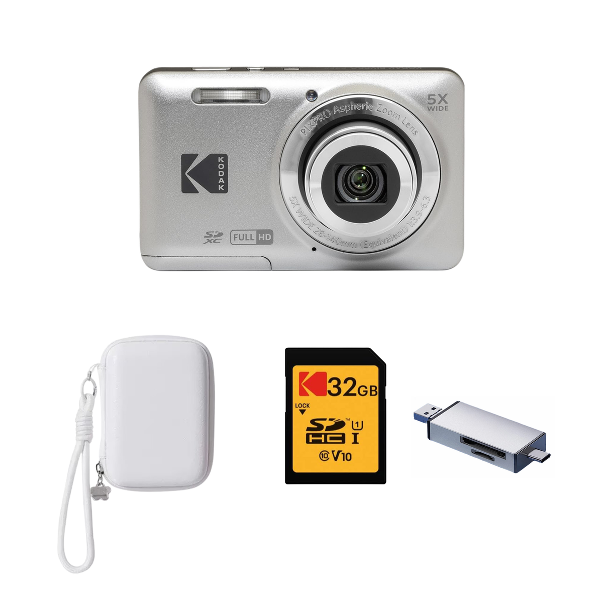 KODAK PIXPRO FZ55 Digital Camera, Silver, Ivory Strap Carry Case, 32GB SD Card, Silver Card Reader Bundle - image 1
