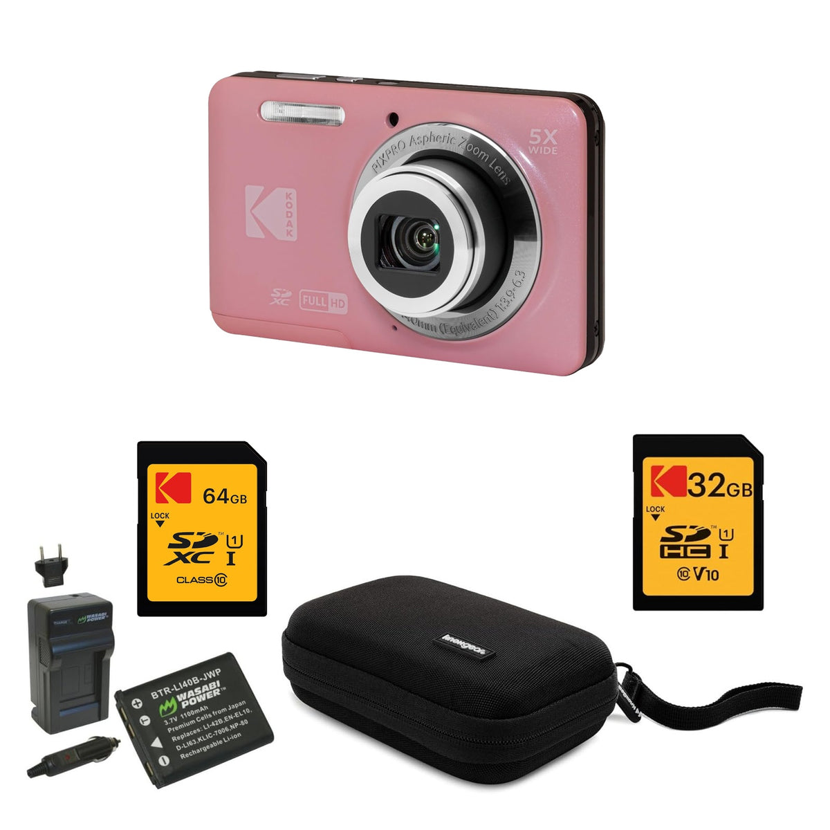 KODAK PIXPRO FZ55 Digital Camera, Pink, Black Carry Case, 64GB SD Card, 32GB SD Card, Charging Cradle, Extra Battery Bundle — image 1
