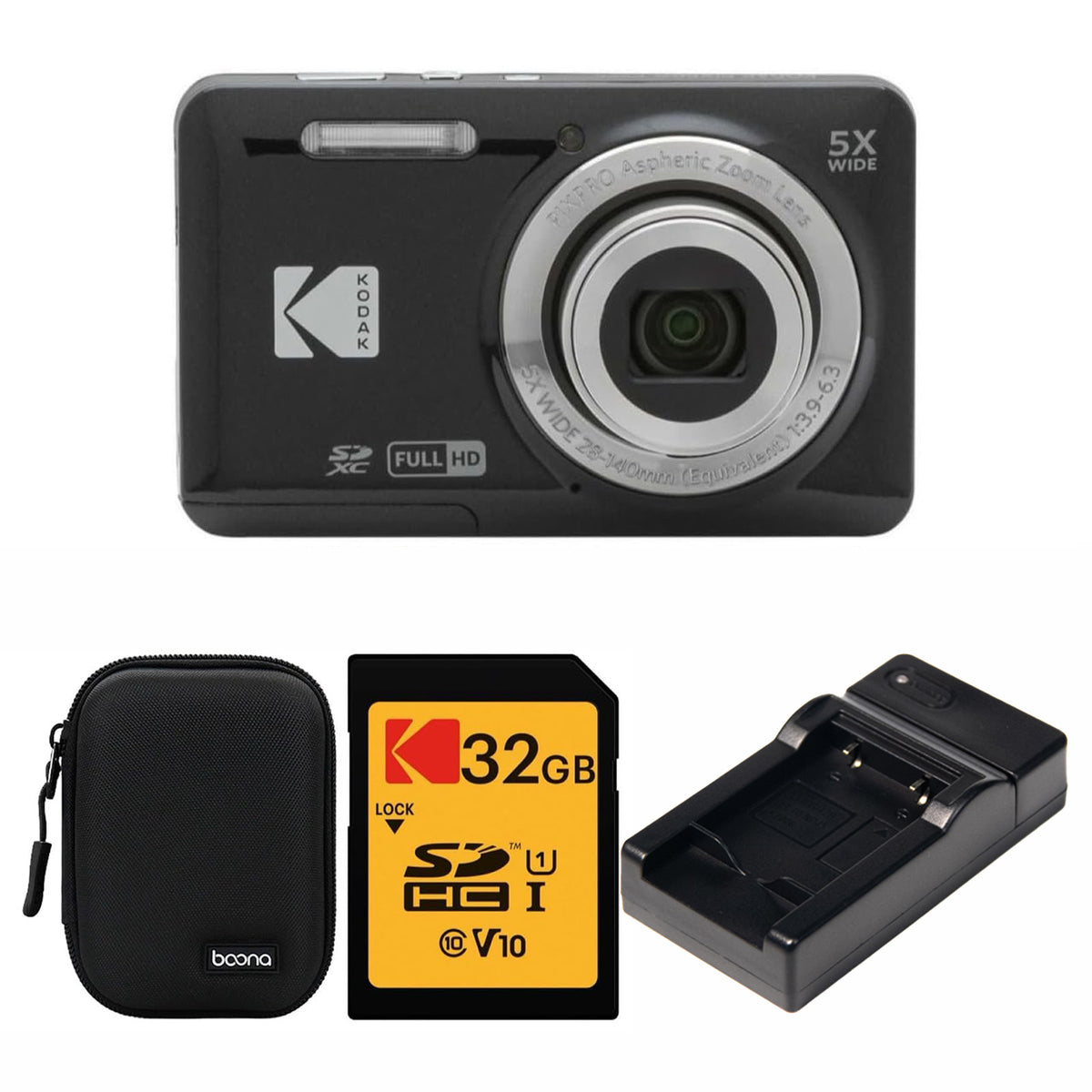 KODAK PIXPRO FZ55 Digital Camera, Black, Black Carry Case, 32GB SD Card, Charging Cradle Bundle — image 1