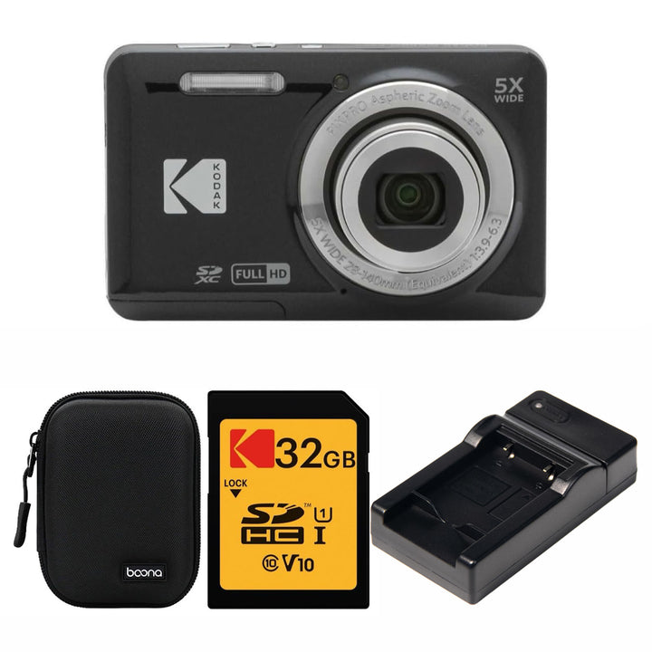 KODAK PIXPRO FZ55 Digital Camera, Black, Black Carry Case, 32GB SD Card, Charging Cradle Bundle