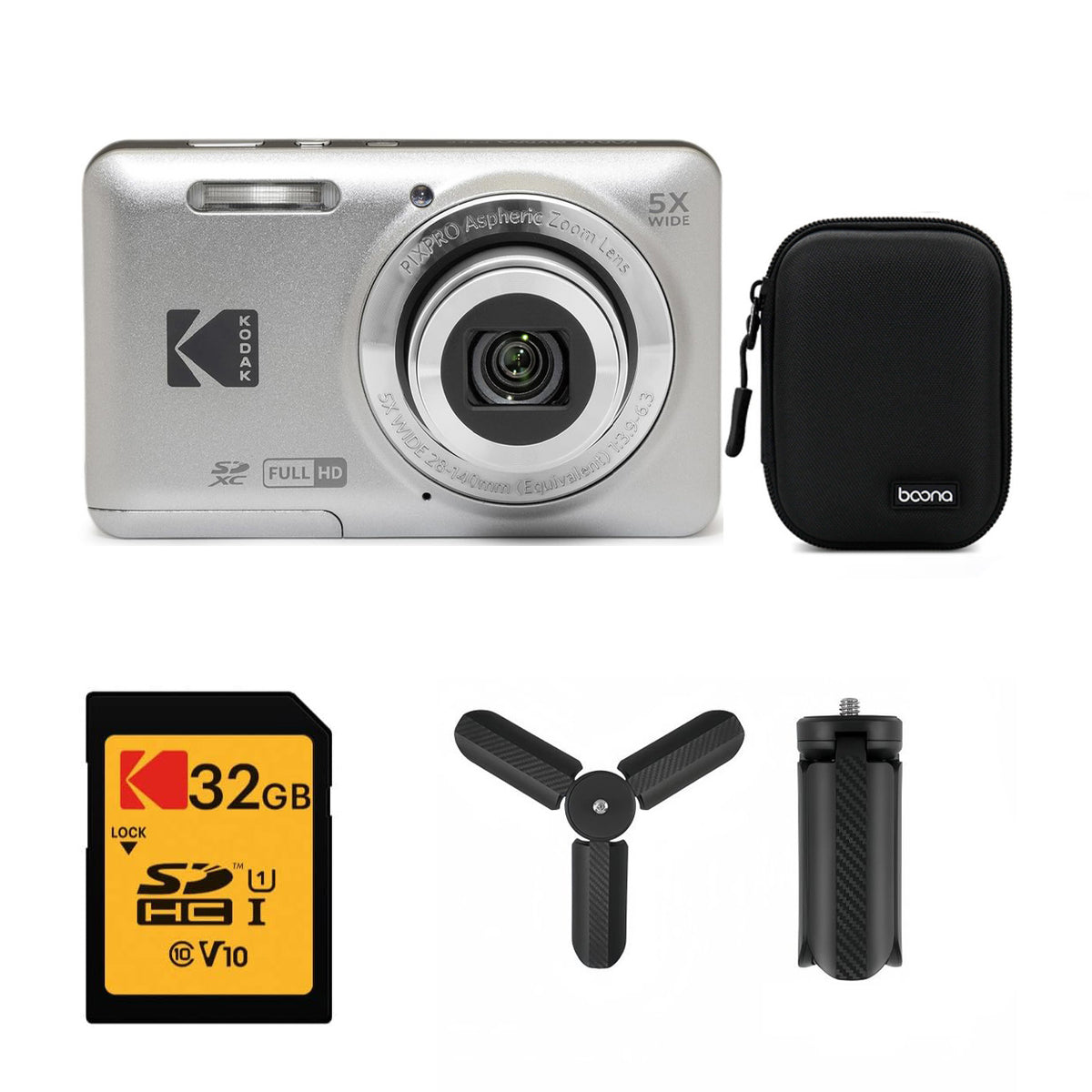KODAK PIXPRO FZ55 Digital Camera, Silver, Black Carry Case, 32GB SD Card, Mini Tripod Bundle — image 1