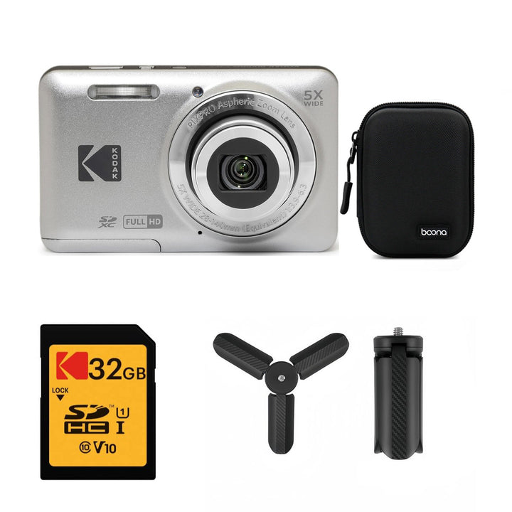 KODAK PIXPRO FZ55 Digital Camera, Silver, Black Carry Case, 32GB SD Card, Mini Tripod Bundle