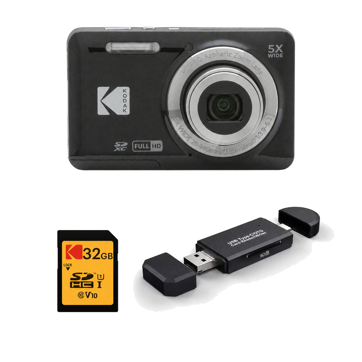 KODAK PIXPRO FZ55 Digital Camera, Black, 32GB SD Card, 3-in-1 Card Reader Bundle - image 1