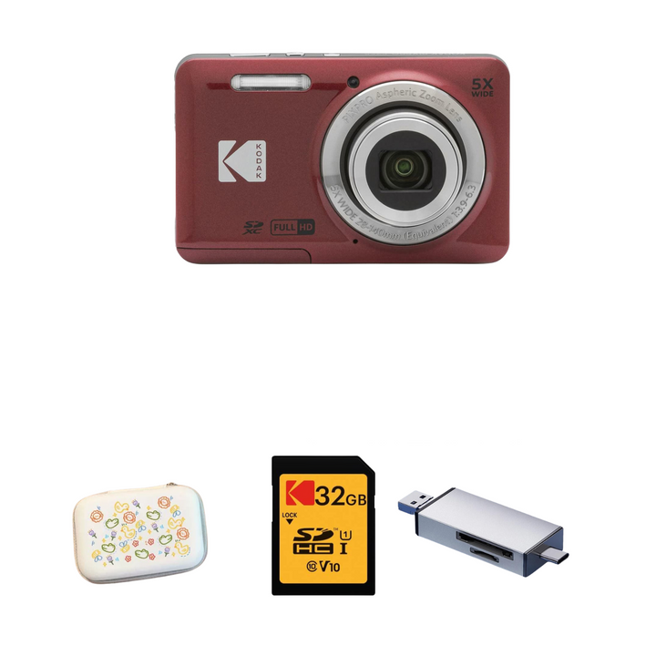 KODAK PIXPRO FZ55 Digital Camera, Red, Speckled White Carry Case, 32GB SD Card, Silver Card Reader, Close-Up Style Bundle