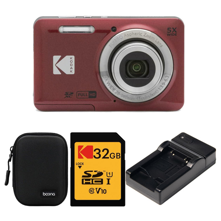 KODAK PIXPRO FZ55 Digital Camera, Red, Black Carry Case, 32GB SD Card, Charging Cradle Bundle