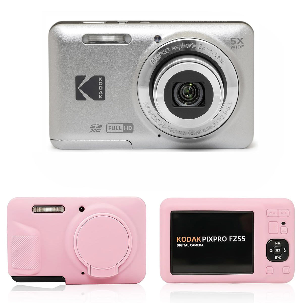 KODAK PIXPRO FZ55 Digital Camera, Silver, Pink Silicone Case Bundle — image 1