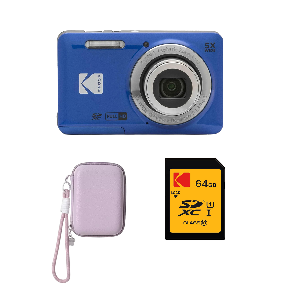 KODAK PIXPRO FZ55 Digital Camera, Blue, Lilac Strap Carry Case, 64GB SD Card Bundle - image 1