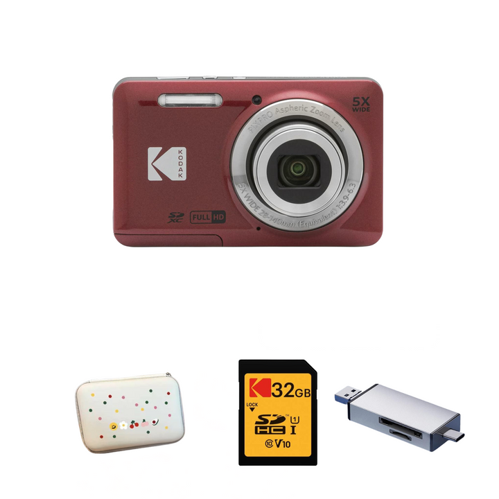 KODAK PIXPRO FZ55 Digital Camera, Red, Speckled White Carry Case, 32GB SD Card, Silver Card Reader Bundle