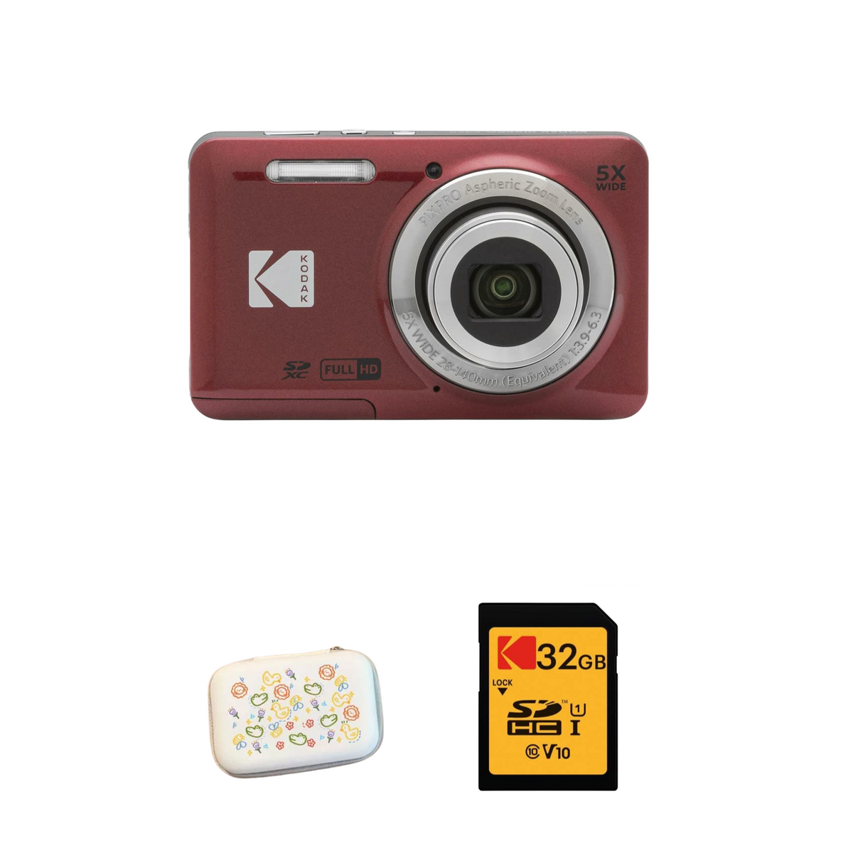 KODAK PIXPRO FZ55 Digital Camera, Red, Speckled White Carry Case, 32GB SD Card Bundle — image 1