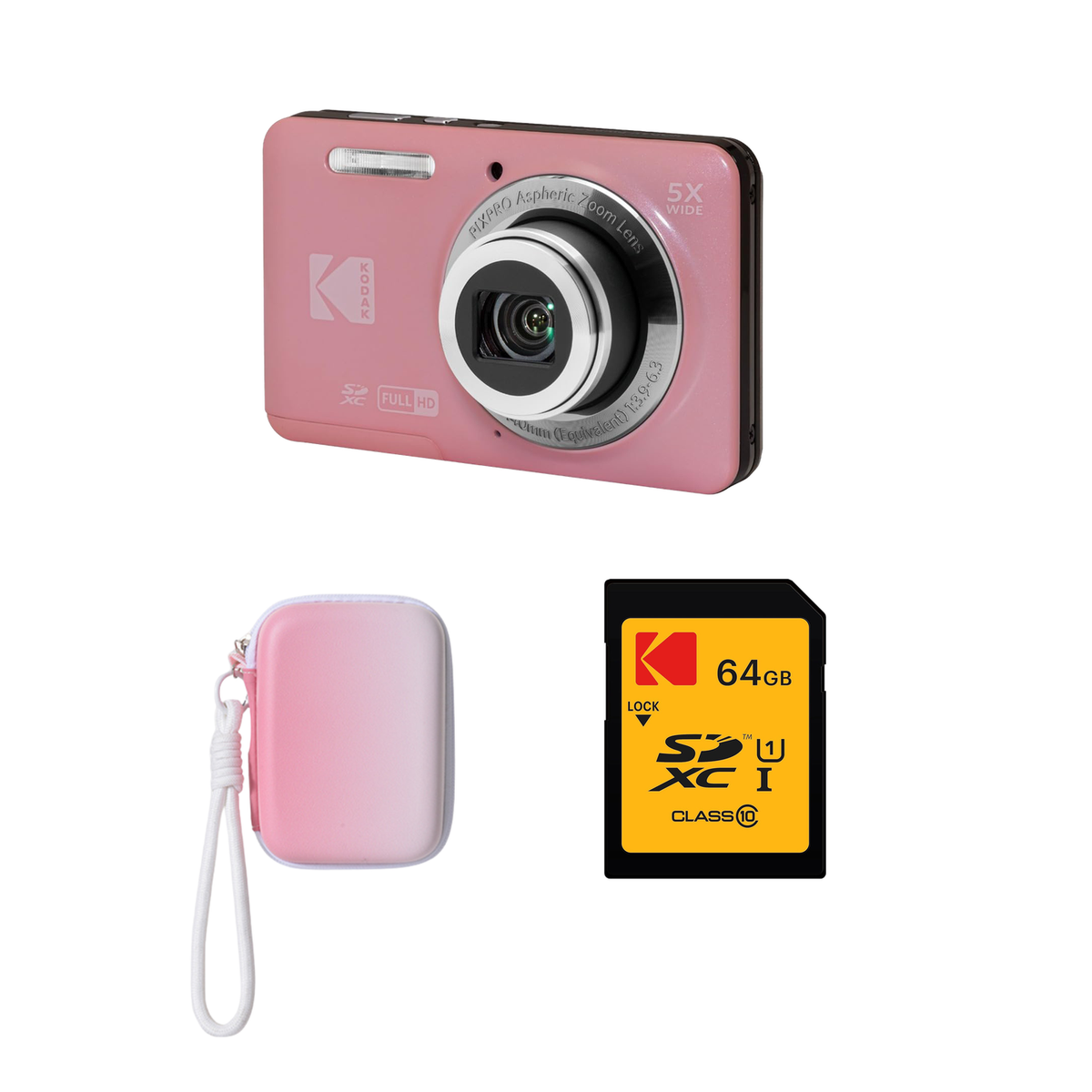 KODAK PIXPRO FZ55 Digital Camera, Pink, Gradient Pink Strap Carry Case, 64GB SD Card Bundle - image 1
