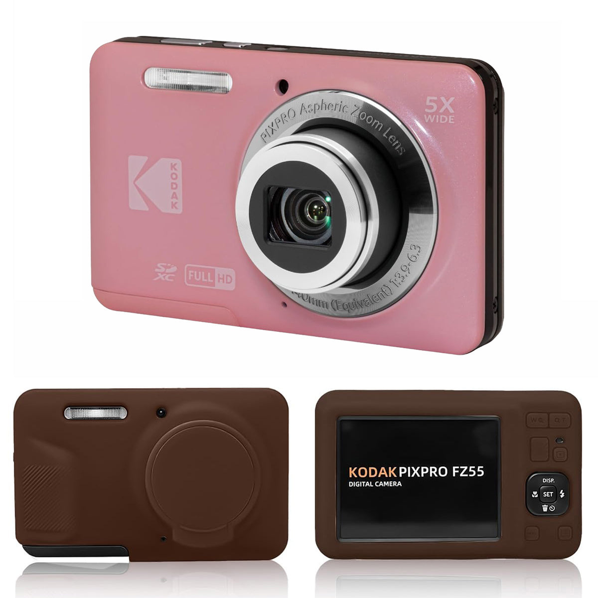 KODAK PIXPRO FZ55 Digital Camera, Pink, Brown Silicone Case Bundle — image 1
