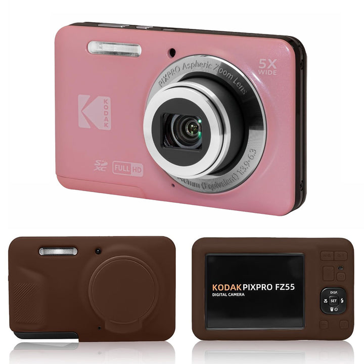 KODAK PIXPRO FZ55 Digital Camera, Pink, Brown Silicone Case Bundle