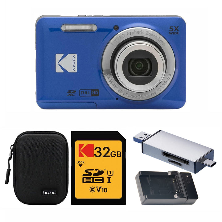 KODAK PIXPRO FZ55 Digital Camera, Blue, Black Carry Case, 32GB SD Card, Silver Card Reader, Charging Cradle Bundle