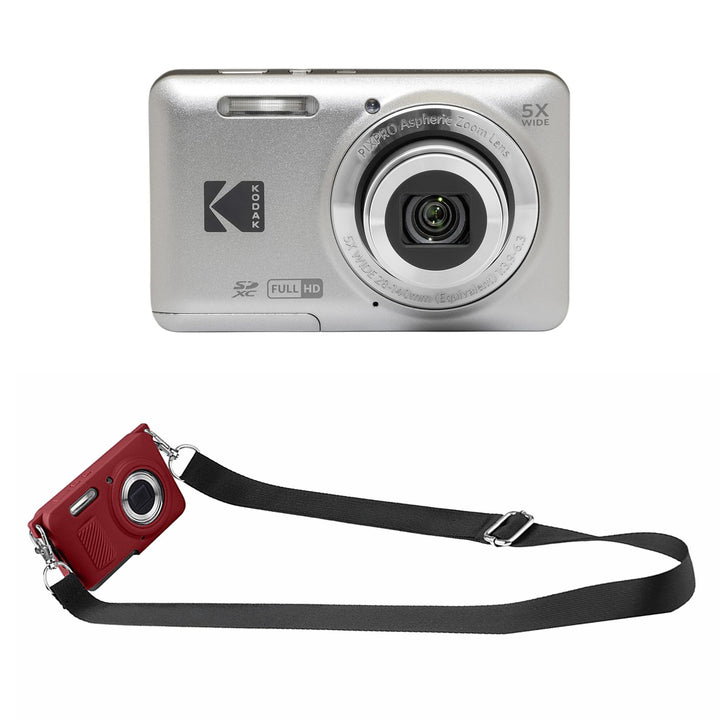 KODAK PIXPRO FZ55 Digital Camera, Silver, Red Strap Silicone Case Bundle