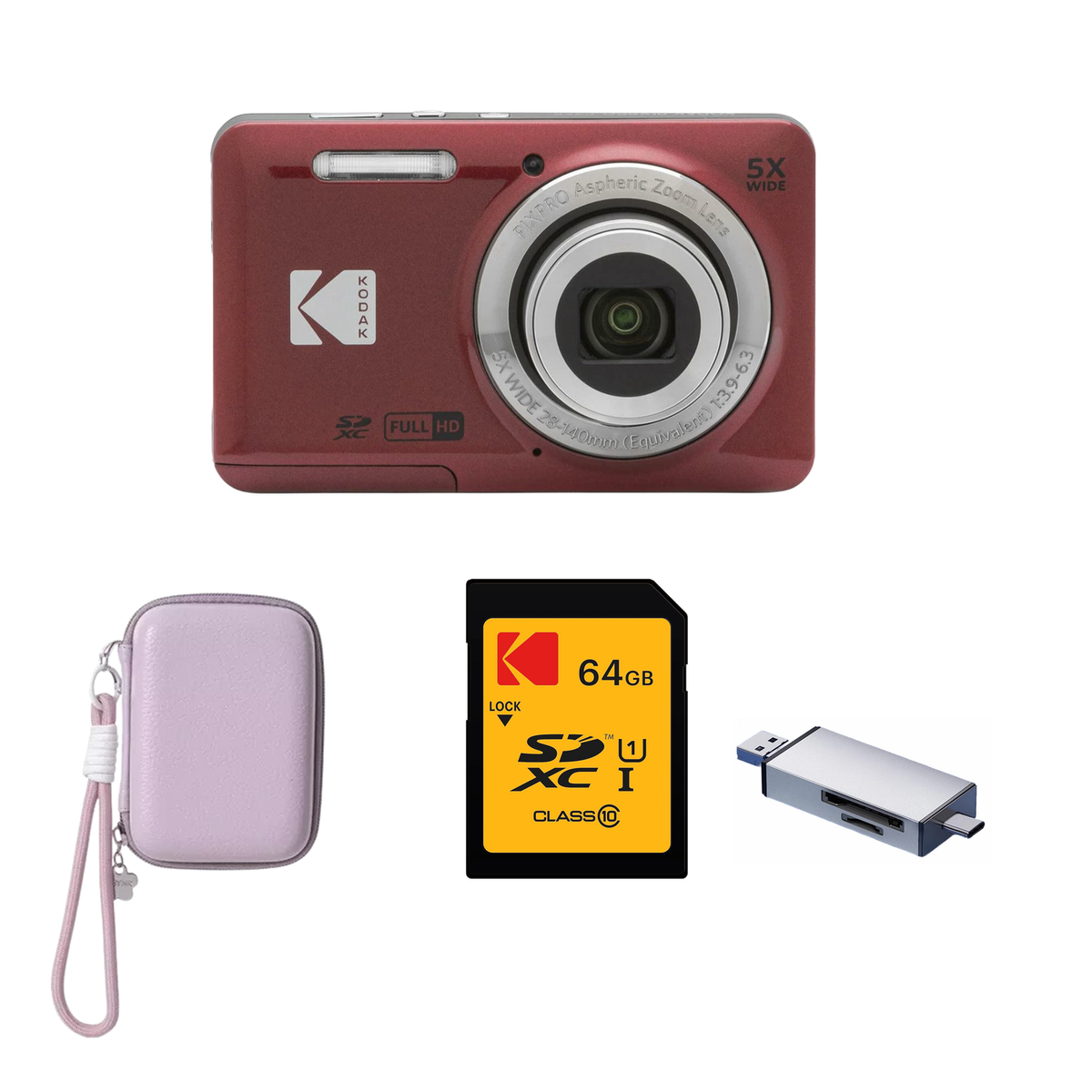 KODAK PIXPRO FZ55 Digital Camera, Red, Lilac Strap Carry Case, 64GB SD Card, Silver Card Reader Bundle - image 1