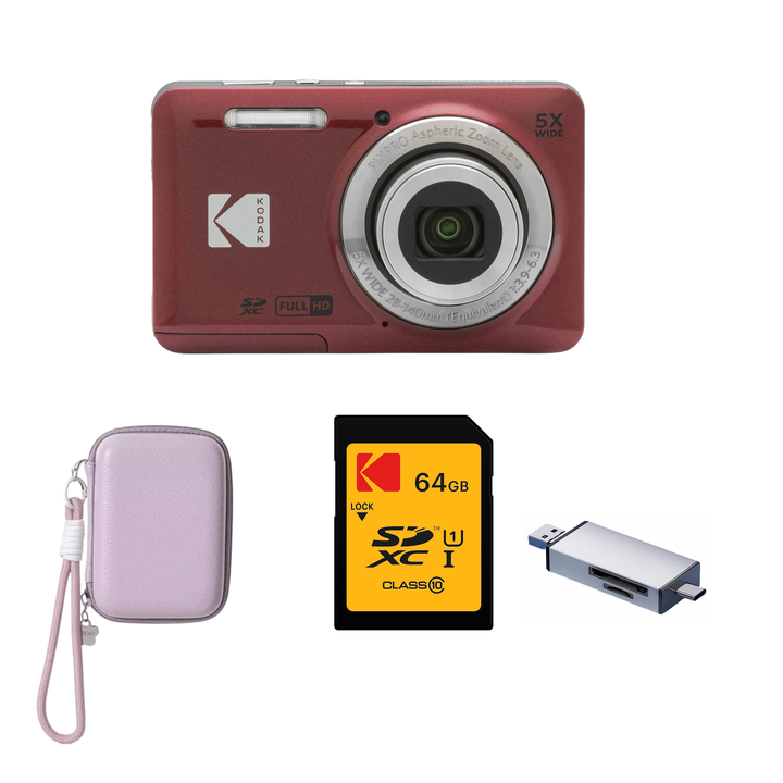 KODAK PIXPRO FZ55 Digital Camera, Red, Lilac Strap Carry Case, 64GB SD Card, Silver Card Reader Bundle - image 1