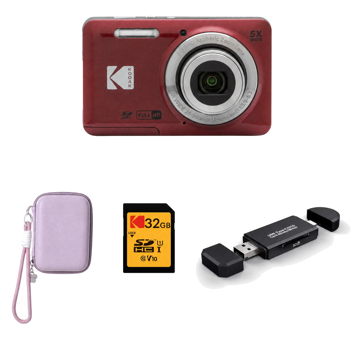KODAK PIXPRO FZ55 Digital Camera, Red, Lilac Strap Carry Case, 32GB SD Card, 3-in-1 Card Reader Bundle - image 1