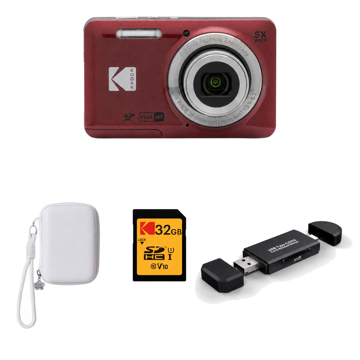 KODAK PIXPRO FZ55 Digital Camera, Red, Ivory Strap Carry Case, 32GB SD Card, 3-in-1 Card Reader Bundle - image 1