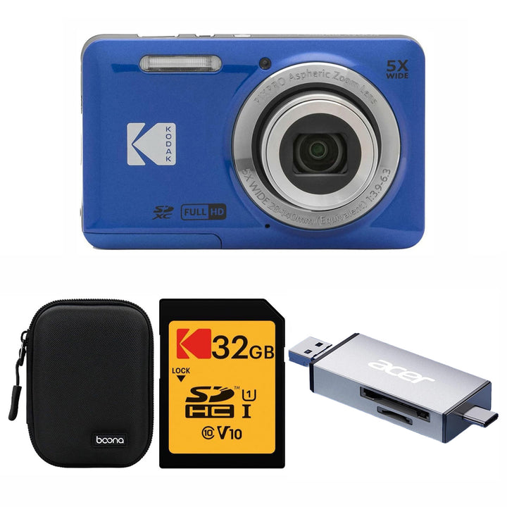 KODAK PIXPRO FZ55 Digital Camera, Blue, Black Carry Case, 32GB SD Card, Silver Card Reader, Ace Style Bundle