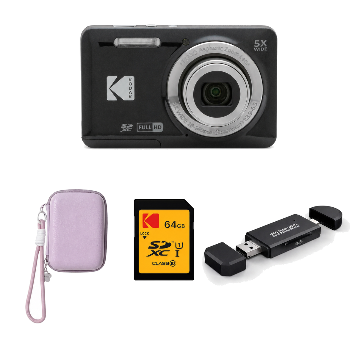 KODAK PIXPRO FZ55 Digital Camera, Black, Lilac Strap Carry Case, 64GB SD Card, 3-in-1 Card Reader Bundle - image 1