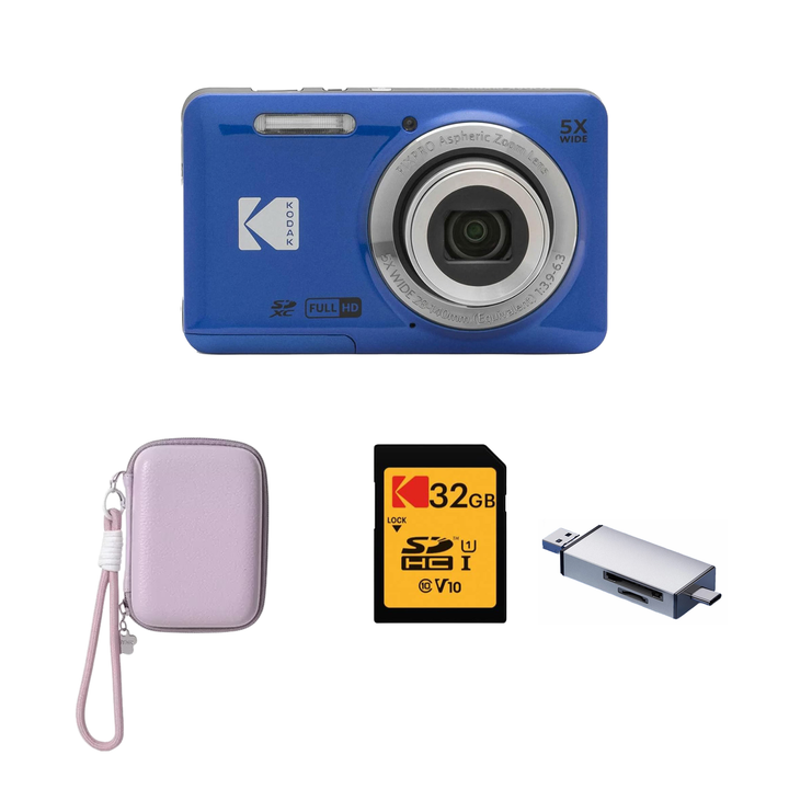 KODAK PIXPRO FZ55 Digital Camera, Blue, Lilac Strap Carry Case, 32GB SD Card, Silver Card Reader Bundle - image 1
