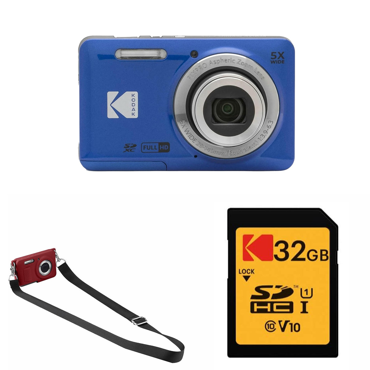 KODAK PIXPRO FZ55 Digital Camera, Blue, 32GB SD Card, Red Strap Silicone Case Bundle — image 1