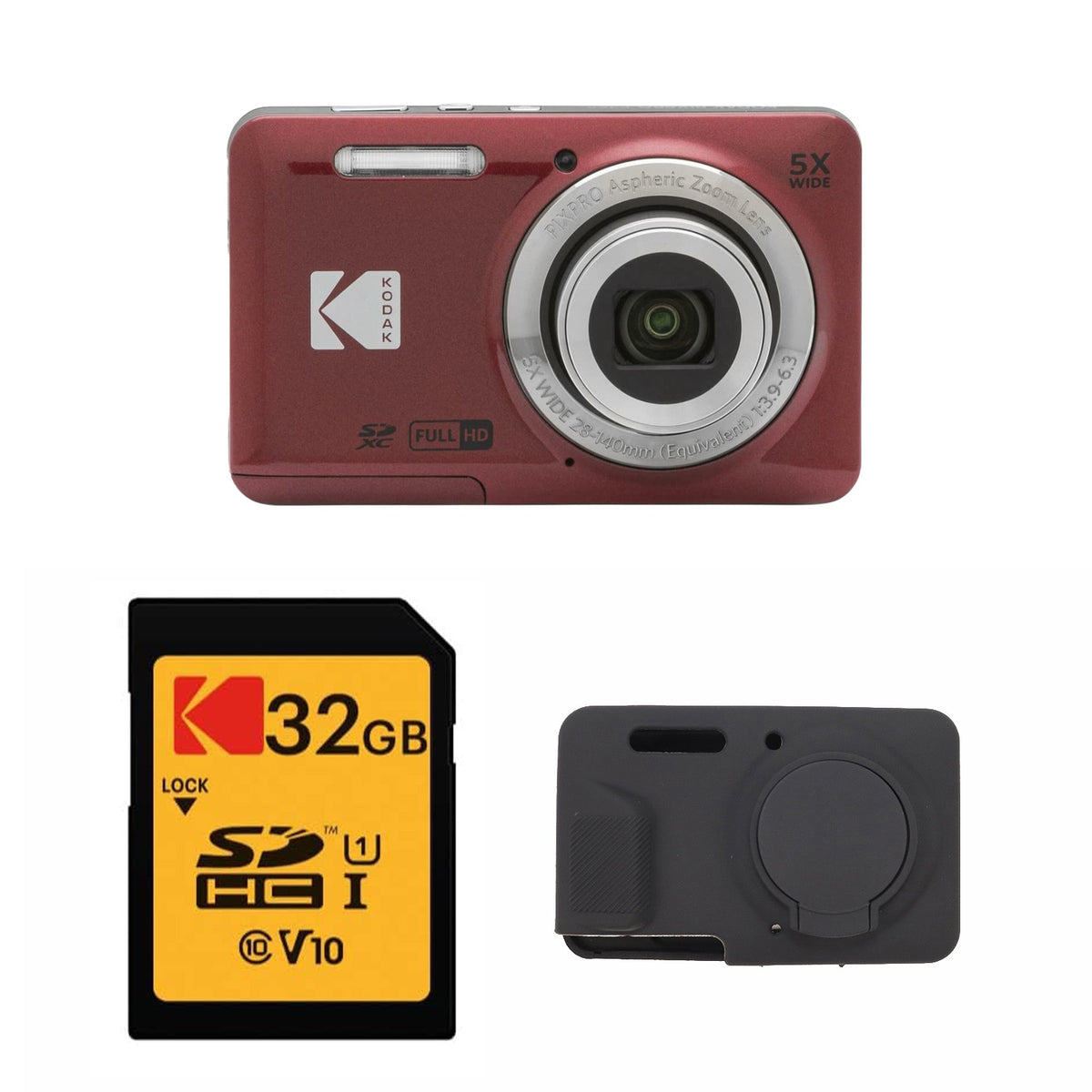 KODAK PIXPRO FZ55 Digital Camera, Red, 32GB SD Card, Black Silicone Case Bundle — image 1