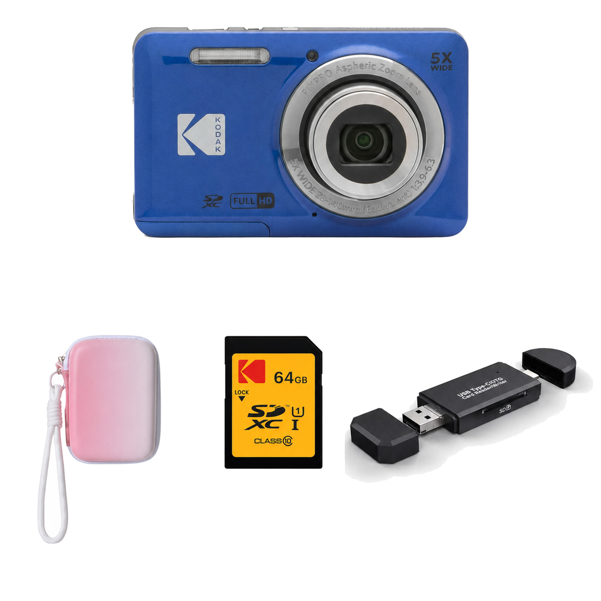 KODAK PIXPRO FZ55 Digital Camera, Blue, Gradient Pink Strap Carry Case, 64GB SD Card, 3-in-1 Card Reader Bundle - image 1