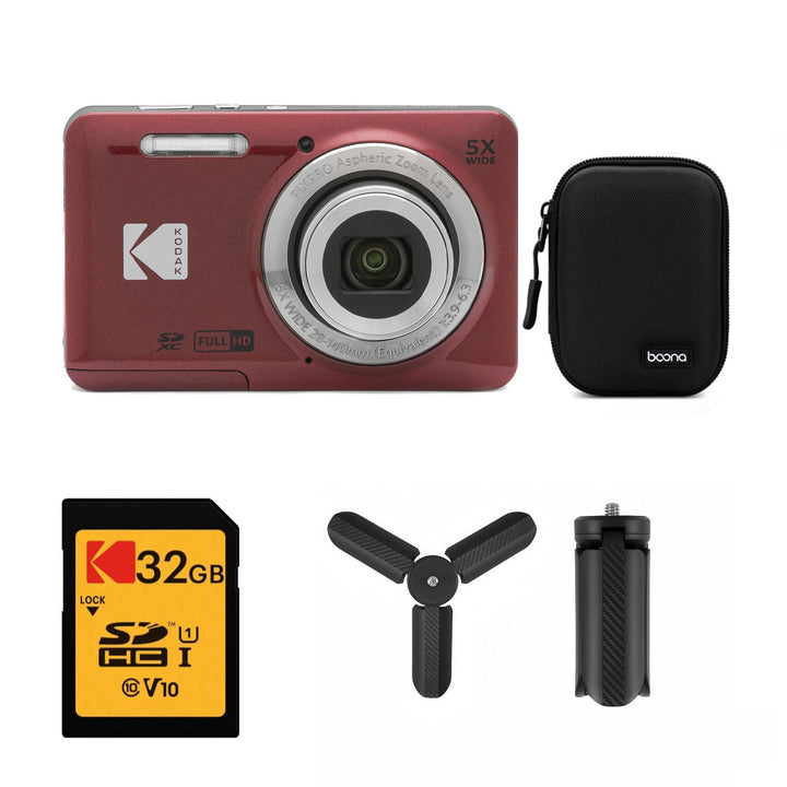 KODAK PIXPRO FZ55 Digital Camera, Red, Black Carry Case, 32GB SD Card, Mini Tripod Bundle