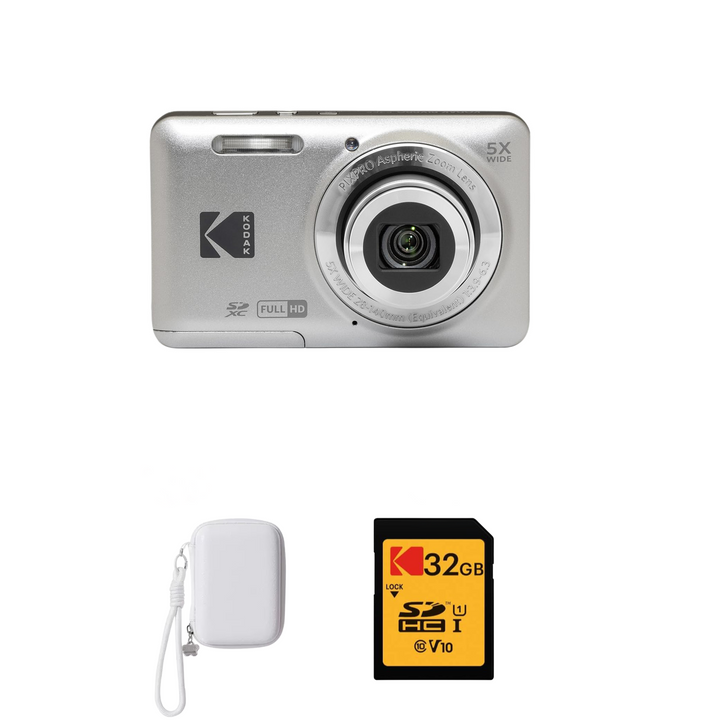 KODAK PIXPRO FZ55 Digital Camera, Silver, White Strap Carry Case, 32GB SD Card Bundle