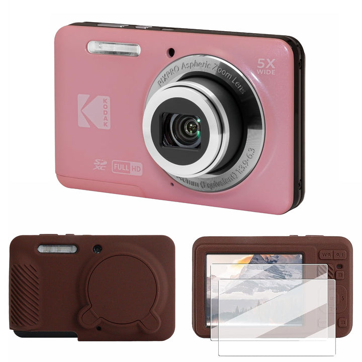 KODAK PIXPRO FZ55 Digital Camera, Pink, Brown Cat Silicone Case Bundle