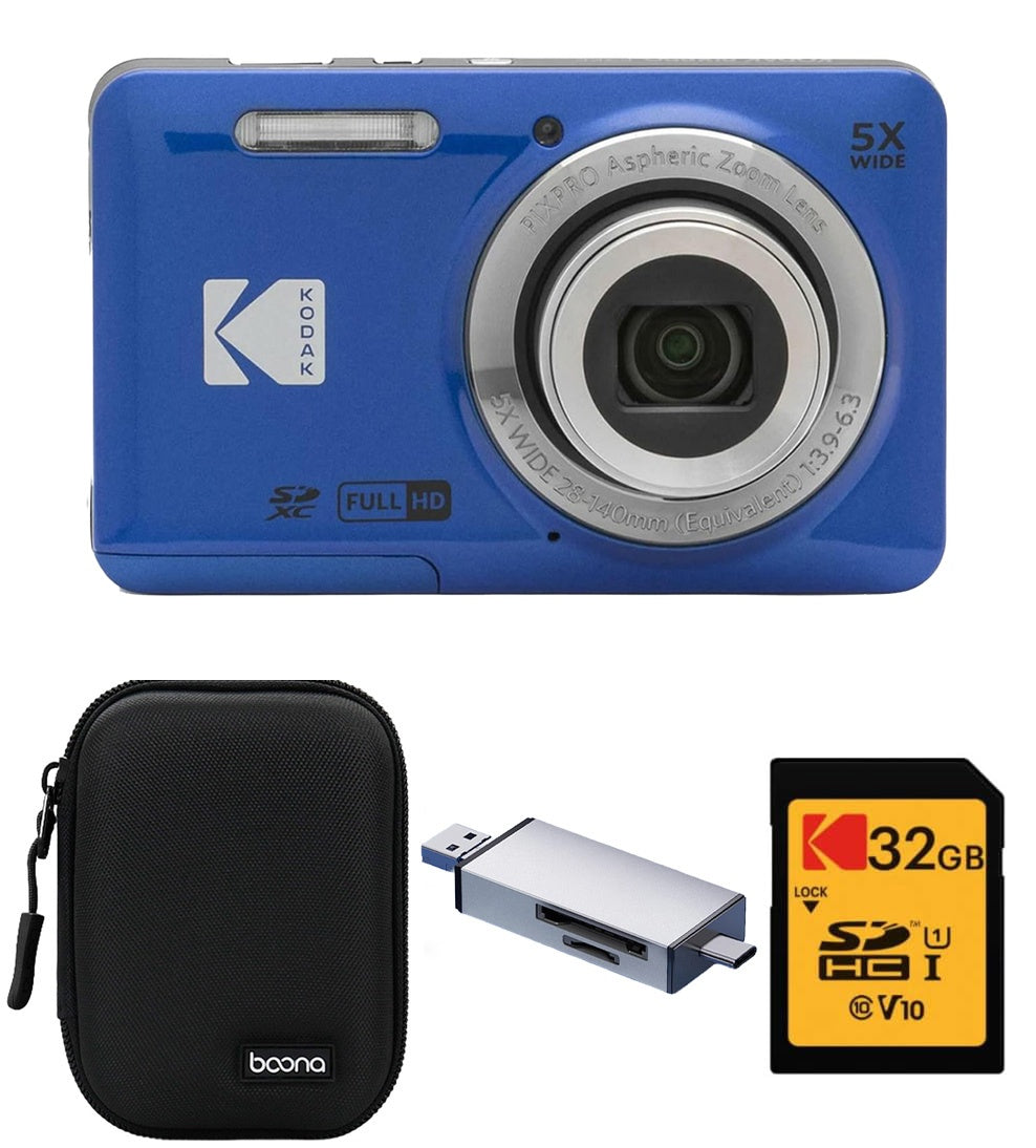 KODAK PIXPRO FZ55 Digital Camera, Blue, Black Carry Case, 32GB SD Card, Silver Card Reader, Solid Close-Up Style Bundle — image 1