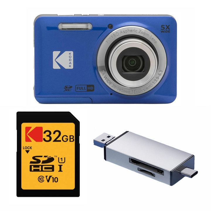 KODAK PIXPRO FZ55 Digital Camera, Blue, 32GB SD Card, Silver Card Reader Bundle